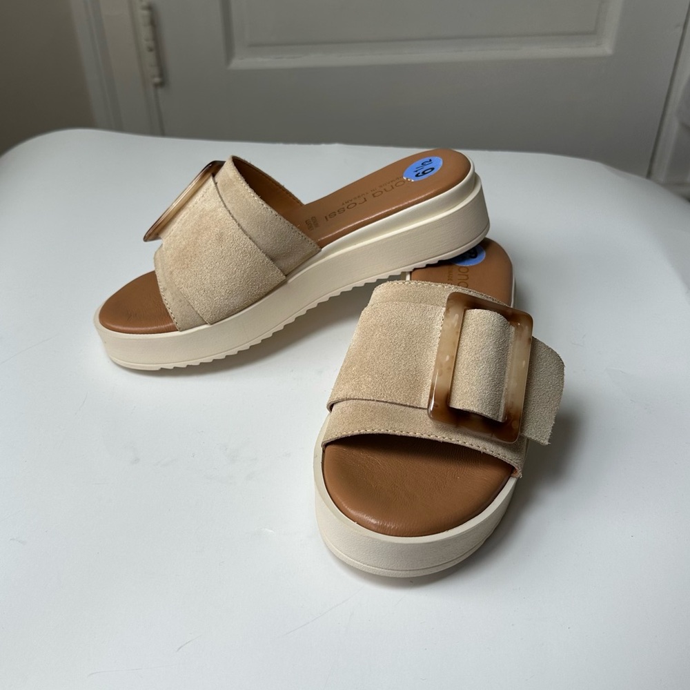 Simona‎ Rossi Platform Sandals Slip On Tan Suede Buckle Detail Boho Beach Sz 6.5